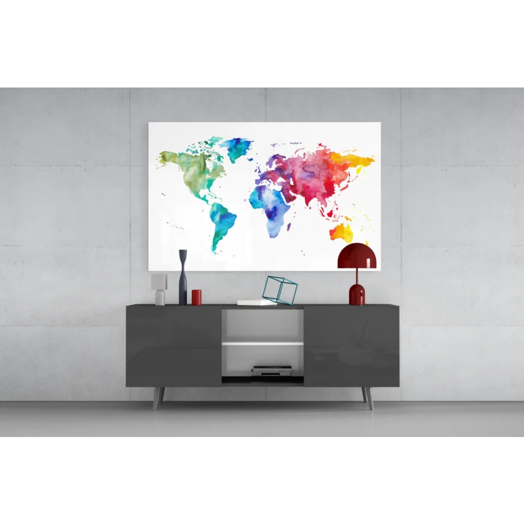 Vibrant watercolor world map canvas wall art in blue green hues