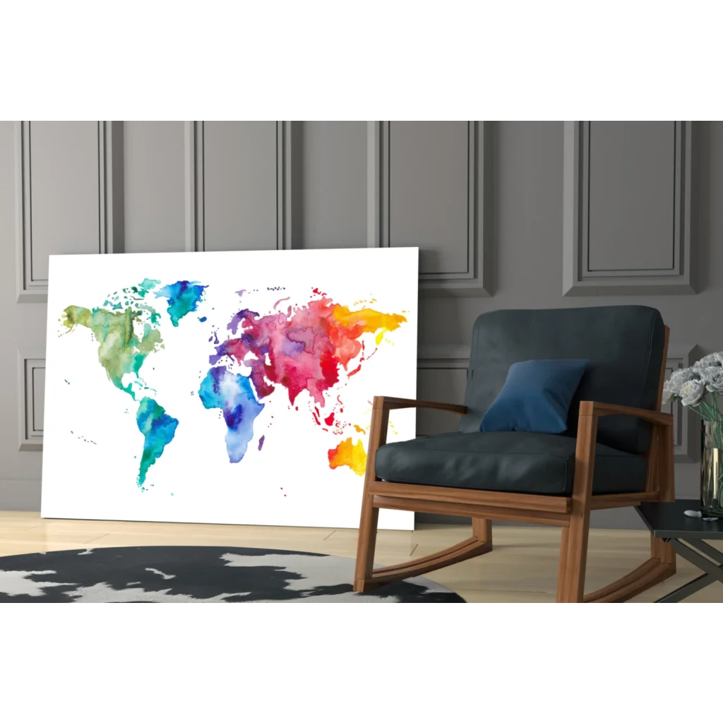 Vibrant watercolor world map canvas wall art in bold colors