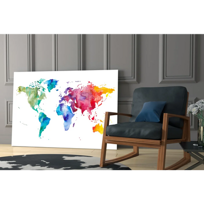 Vibrant watercolor world map canvas wall art in bold colors