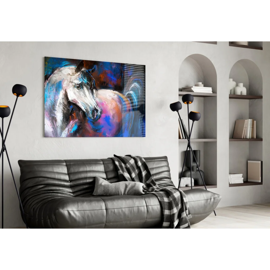 Vibrant abstract white horse canvas wall art in blue, purple, pink
