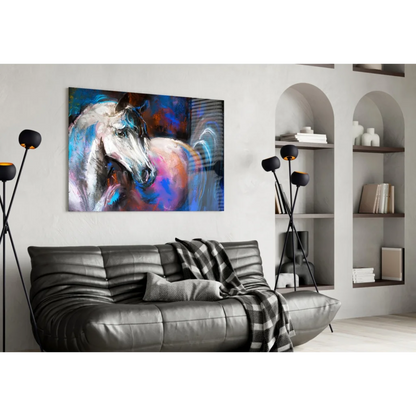 Vibrant abstract white horse canvas wall art in blue, purple, pink