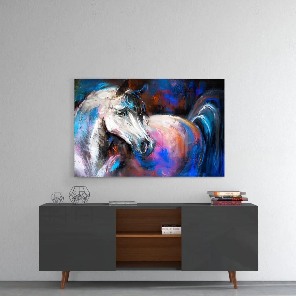 Vibrant white horse abstract wall art with blue purple orange strokes