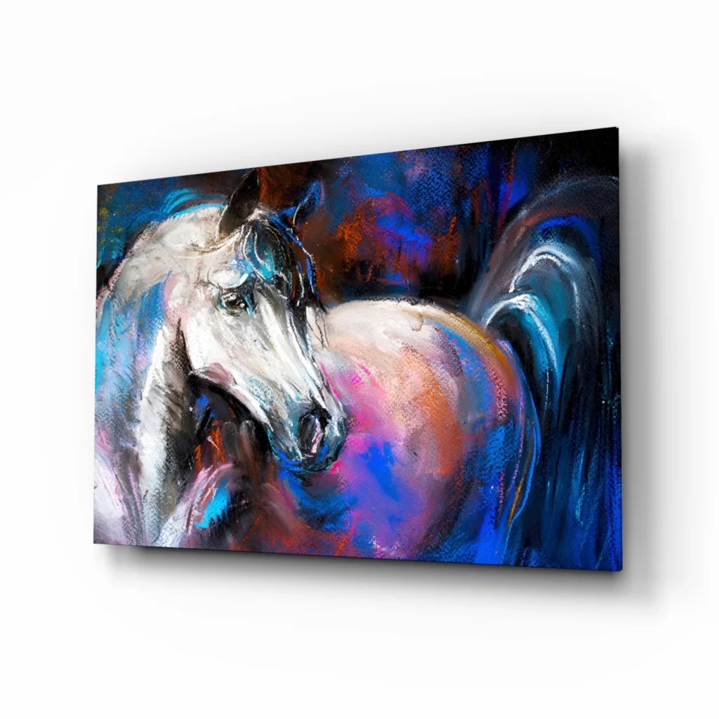Vibrant white horse abstract wall art in bold blue, purple hues