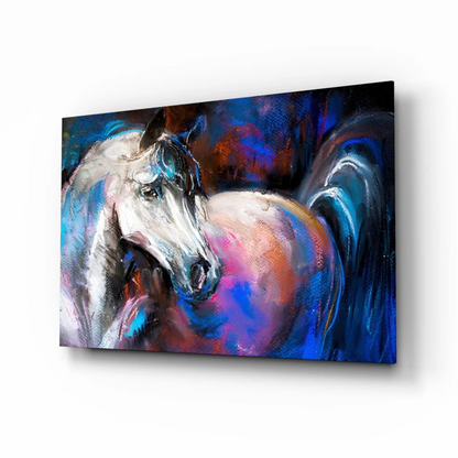 Vibrant white horse abstract wall art in bold blue, purple hues