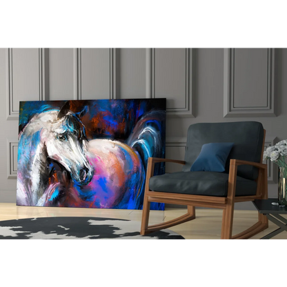 Vibrant abstract white horse canvas wall art with bold blue and purple strokes