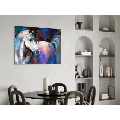 Vibrant abstract white horse canvas wall art in blue and purple