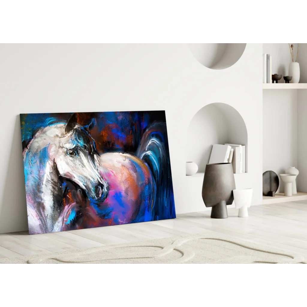 Vibrant white horse abstract canvas wall art with blue, purple, orange strokes
