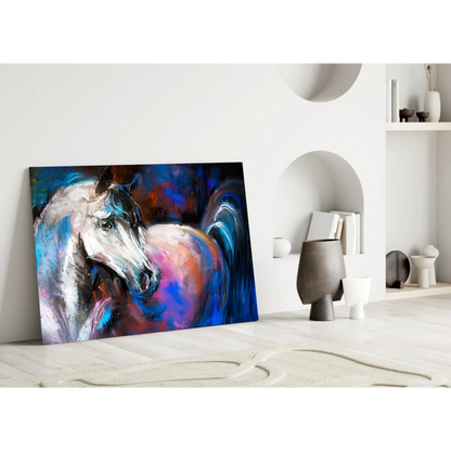 Vibrant white horse abstract canvas wall art with blue, purple, orange strokes