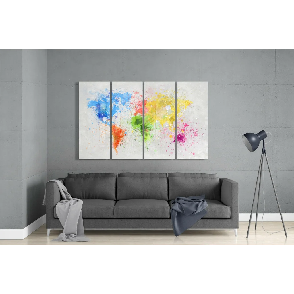 Vibrant 3-panel abstract world map canvas wall art set
