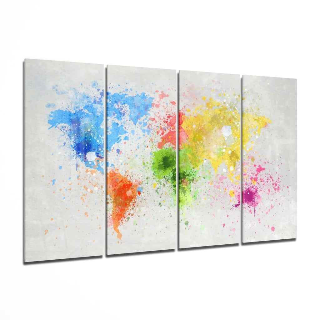 Vibrant 4-panel colorful world map canvas wall art set