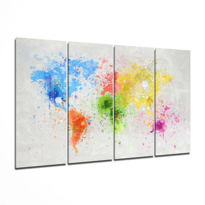 Vibrant 4-panel colorful world map canvas wall art set