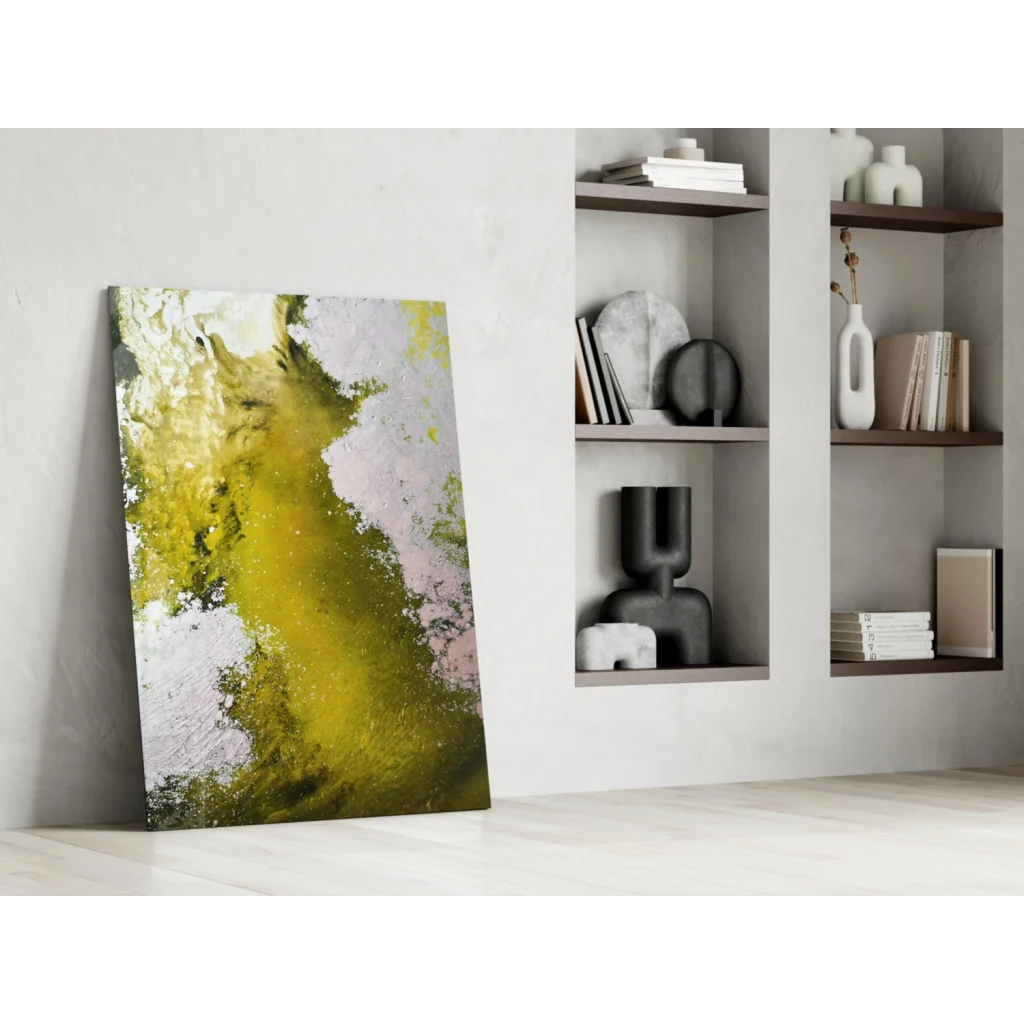 Vibrant yellow and white abstract wall art canvas with textured brushstrokes and black frame
