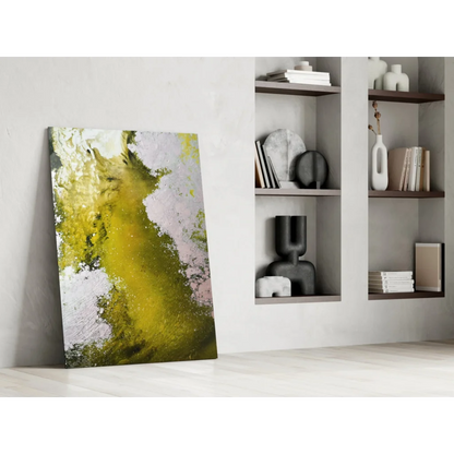 Vibrant yellow and white abstract wall art canvas with textured brushstrokes and black frame