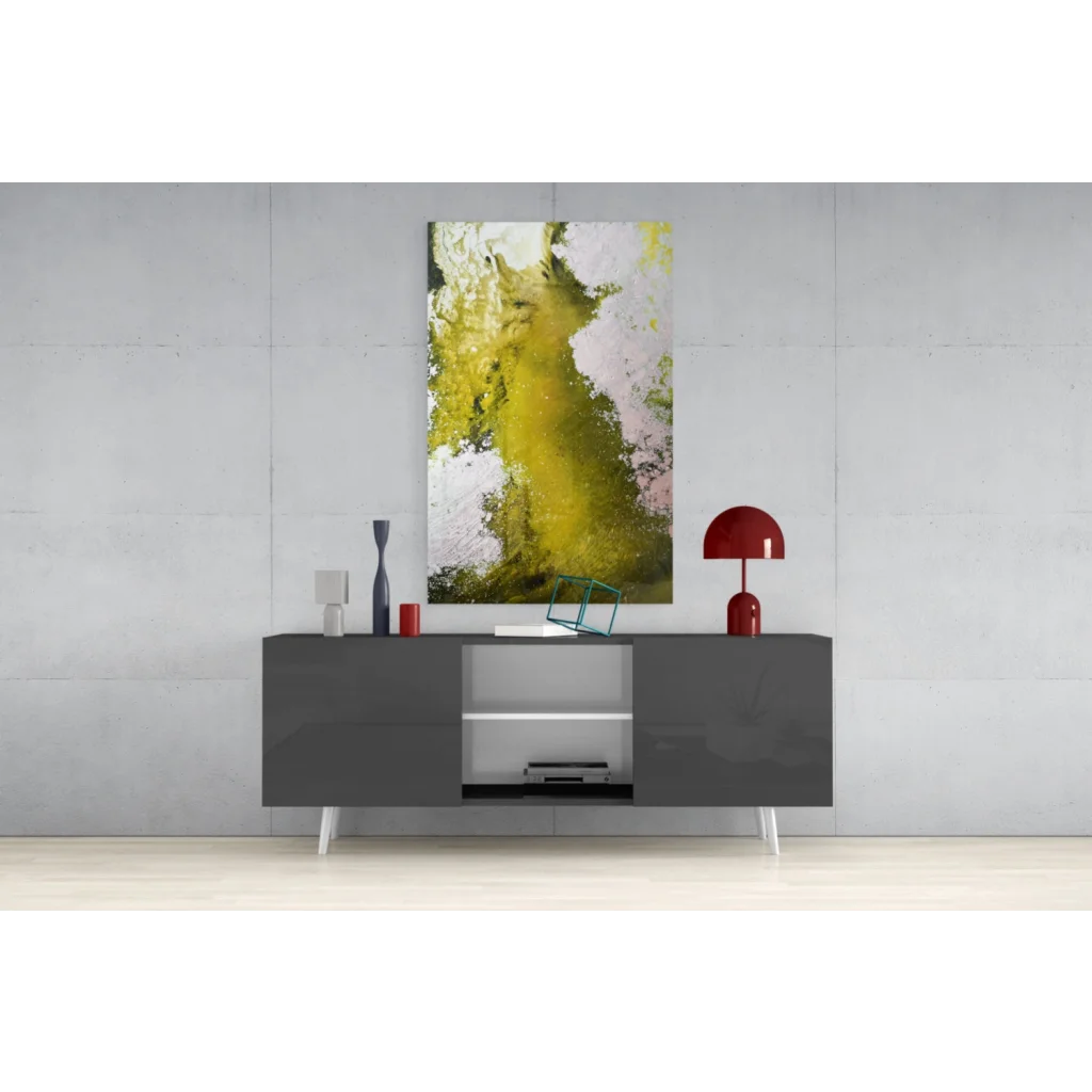 Modern gray lacquered sideboard under vibrant yellow abstract wall art
