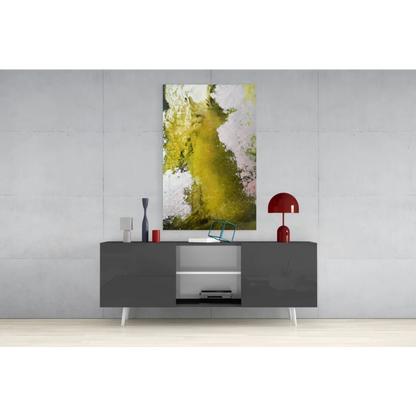 Modern gray lacquered sideboard under vibrant yellow abstract wall art