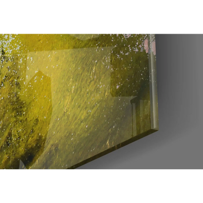 Gold textured glass wall art panel in vibrant yellow abstract design