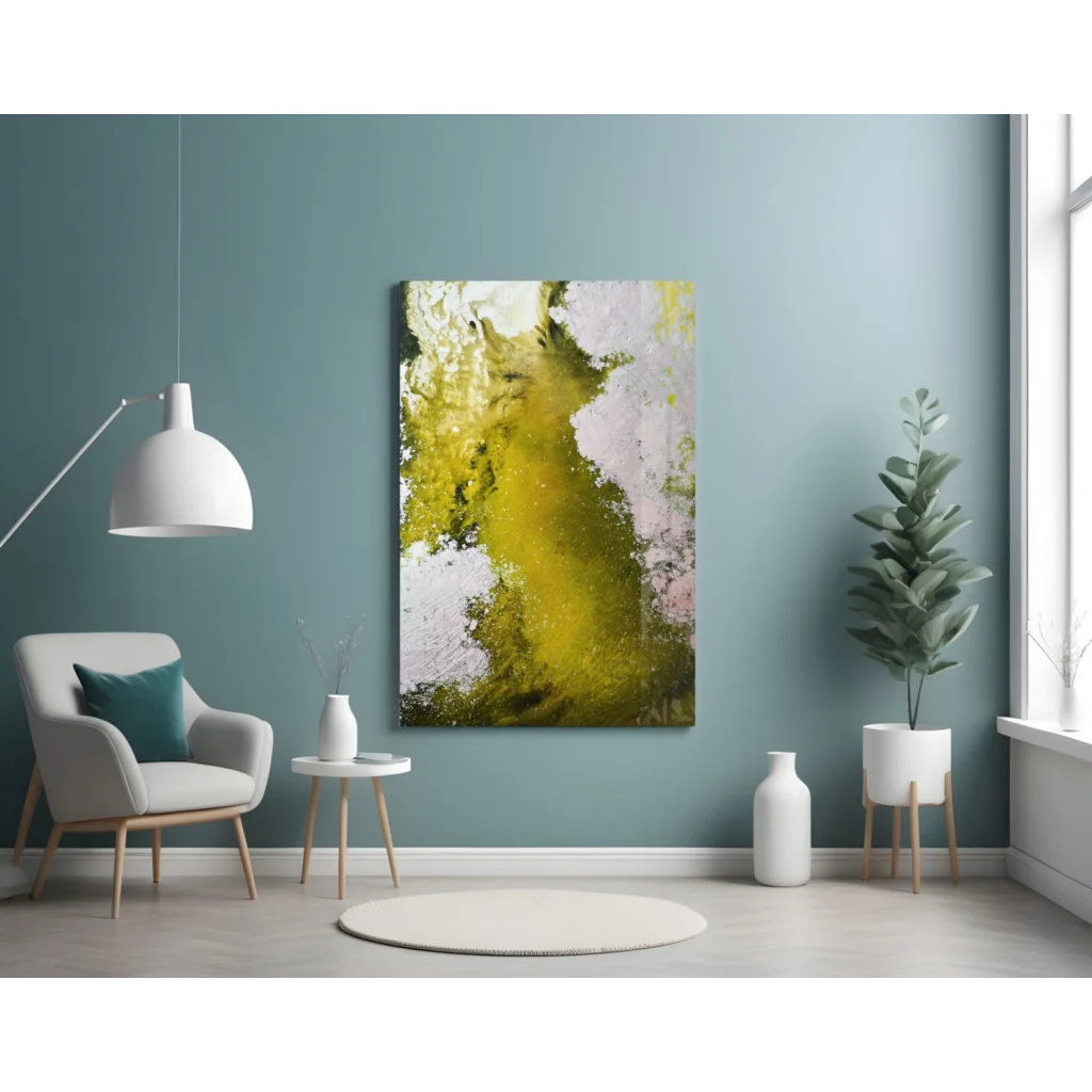 Vibrant yellow abstract canvas wall art with green accents and black frame
