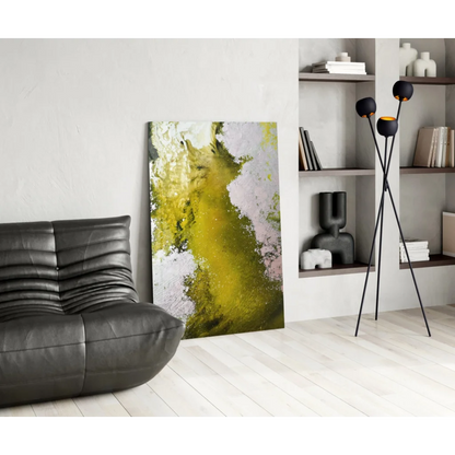 Vibrant yellow abstract canvas wall art with black frame, textured brushstrokes