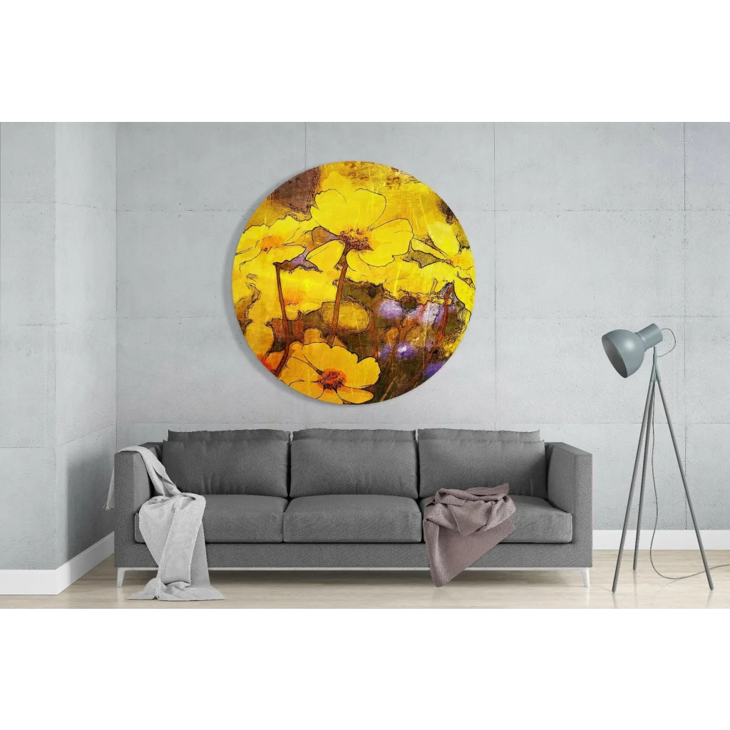 Vibrant yellow floral tempered glass art with size comparison