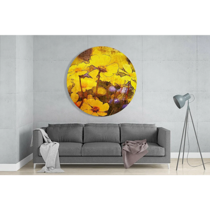 Vibrant yellow floral tempered glass art with size comparison