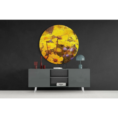 Vibrant yellow floral tempered glass art circle with size comparison