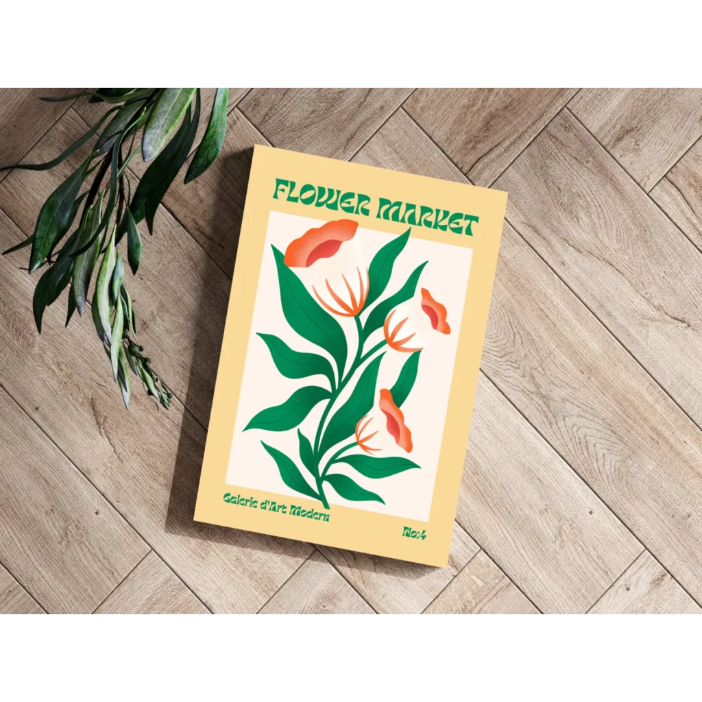 Vibrant yellow flower market aluminum wall print on wooden floor