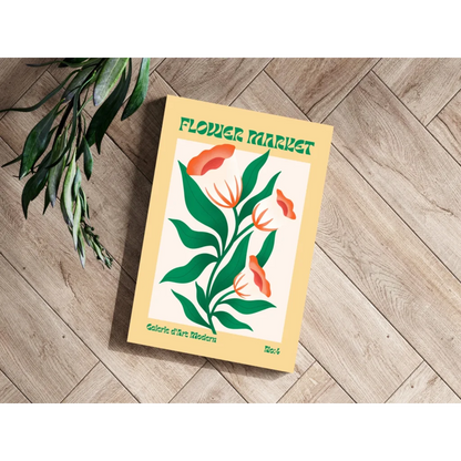 Vibrant yellow flower market aluminum wall print on wooden floor