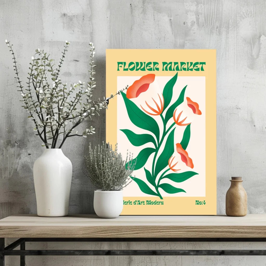 Vibrant yellow flower market aluminum print with green floral poster, orange blooms, white vase, and potted plant