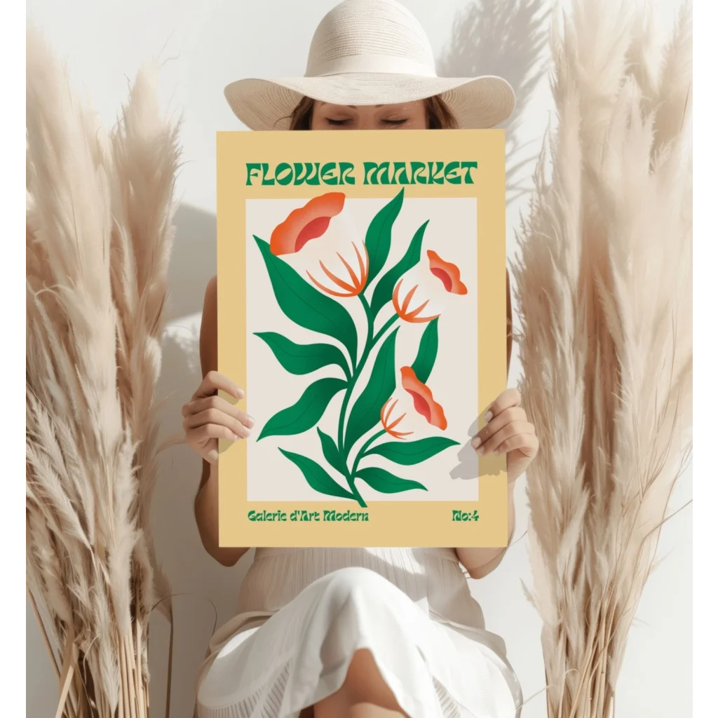 Vibrant yellow flower market aluminum wall print with green floral poster