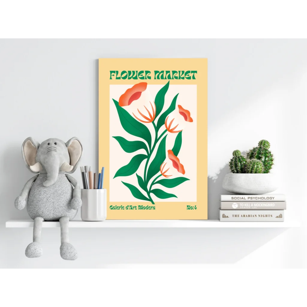Vibrant yellow flower market print with green floral elephant plush toy