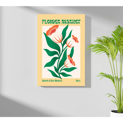 Vibrant yellow and green floral poster with flower market text on aluminum wall print