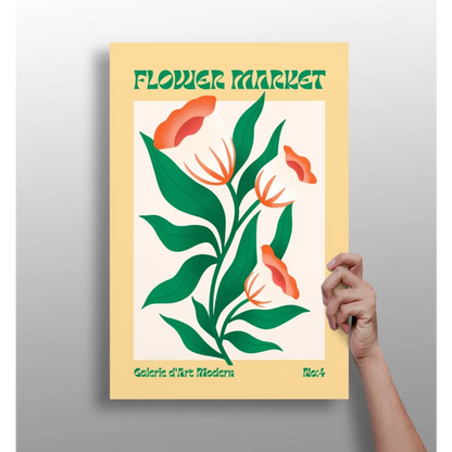 Vibrant yellow flower market aluminum wall print with orange blooms and green leaves