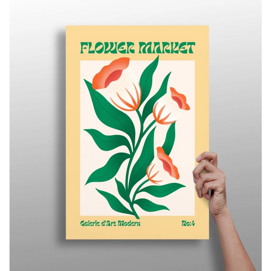 Vibrant yellow flower market aluminum wall print with orange blooms and green leaves