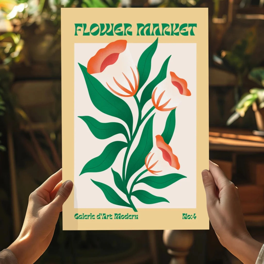Vibrant yellow flower market aluminum wall print with vintage orange and green floral design on cream background