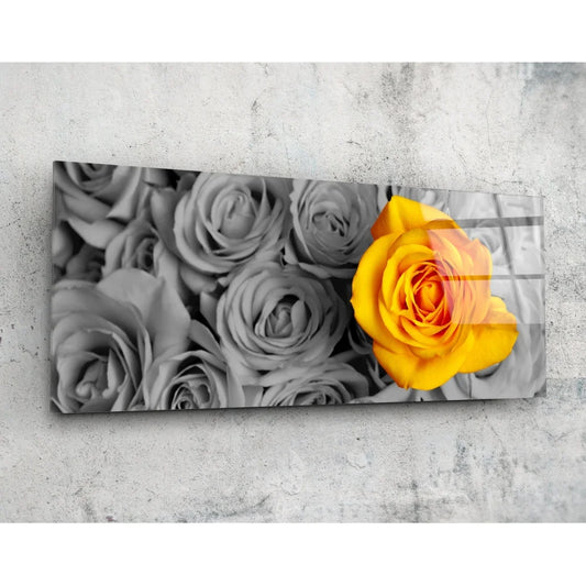 Vibrant yellow rose tempered glass art with size comparison