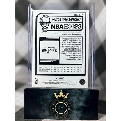 Black and white Victor Wembanyama NBA Hoops card in acrylic holder with crown design from Prestige Worldwide Collectibles