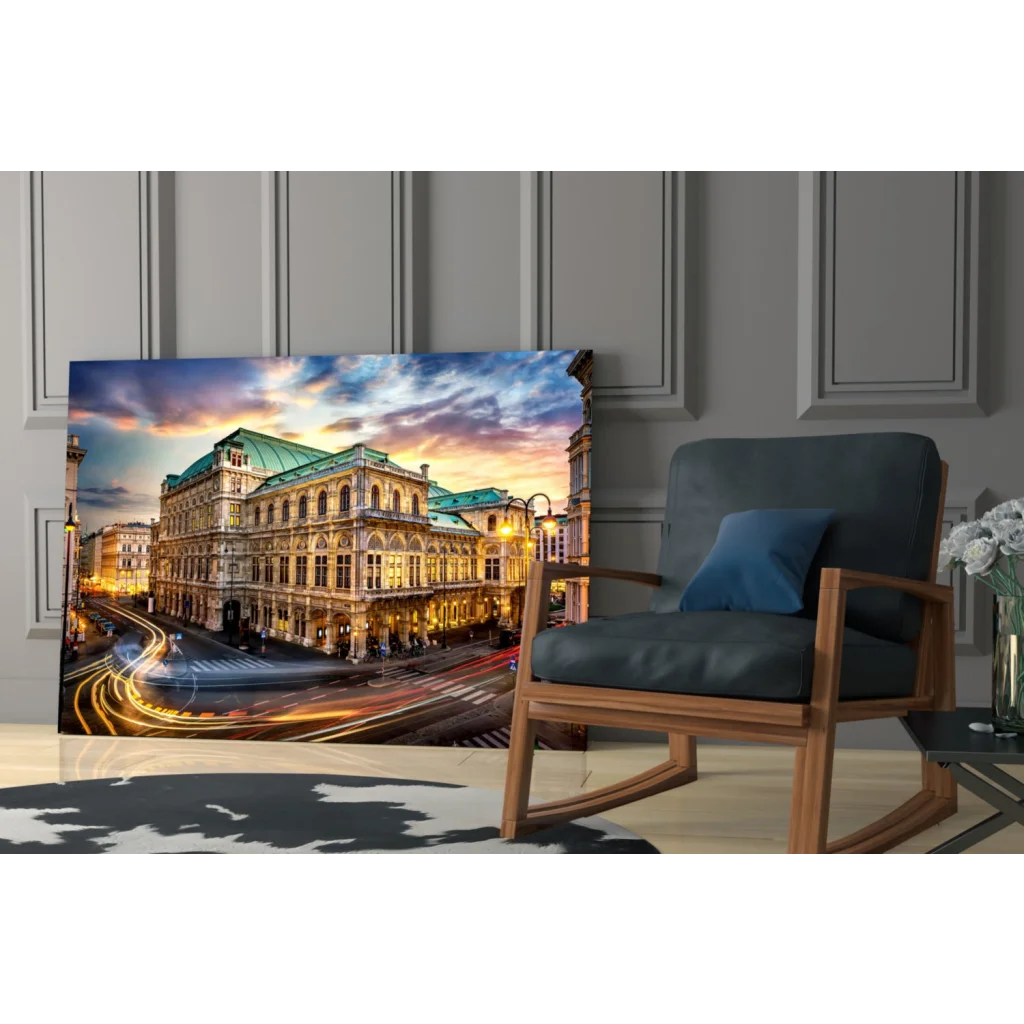 Vibrant glass wall art of cityscape with grand building and twilight sky