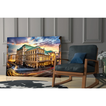 Vibrant glass wall art of cityscape with grand building and twilight sky