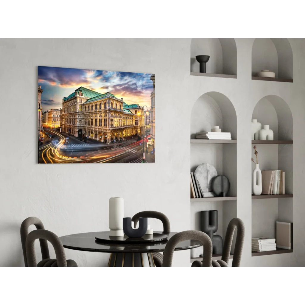 Grand European opera house at dusk in glass wall art print