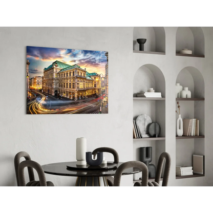 Grand European opera house at dusk in glass wall art print