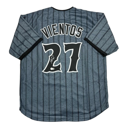 Autographed Vientos 27 custom jersey in black white pinstripes