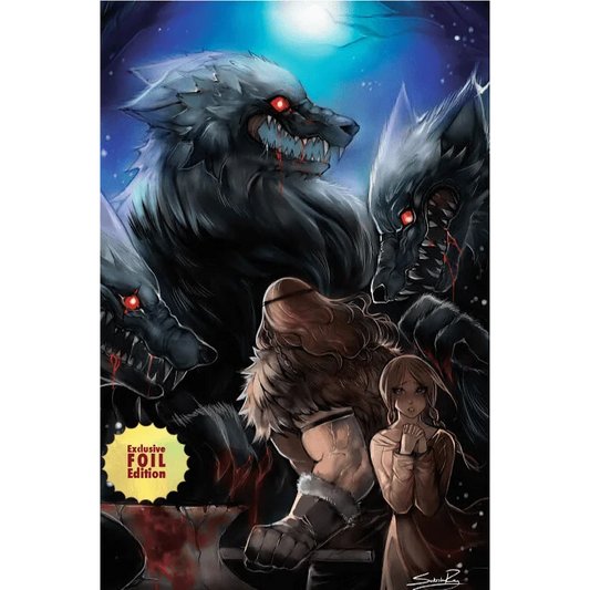 Epic Werewolf Comic Leif Erikson Vinland cover with monstrous wolves, a man, and a woman under full moon