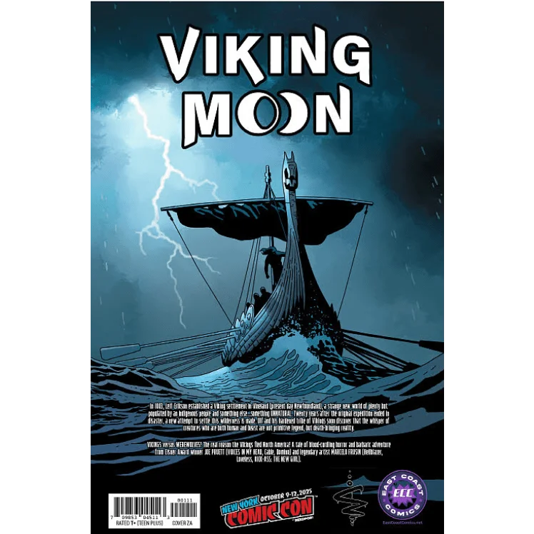 Epic Werewolf Comic Leif Erikson Vinland with Viking longship under stormy sky