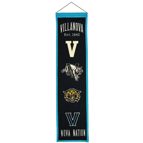Villanova heritage banner with black background and teal gold accents