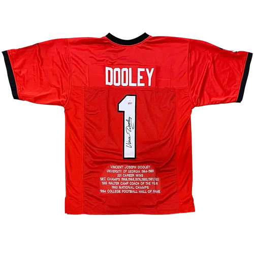 Vince Dooley autographed red Georgia stat jersey with #1 and signature