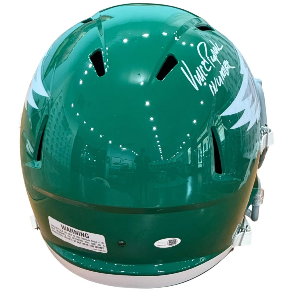Vince Papale autographed Philadelphia Eagles replica helmet in Kelly Green with white wing logo
