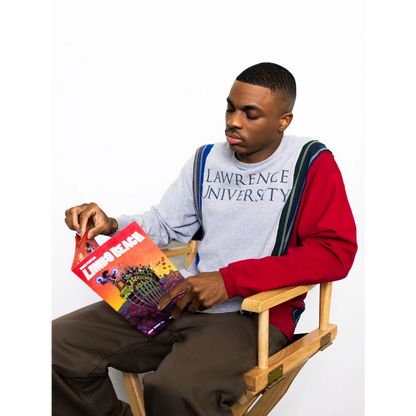 Young man in colorful shirt reading Vince Staples graphic novel by Chris Robinson and Bryan Edward Hill