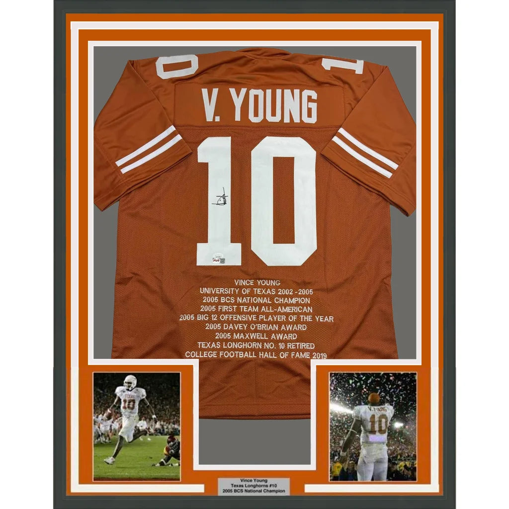 Framed Vince Young signed Texas Longhorns jersey with highlights and action shots for your man cave