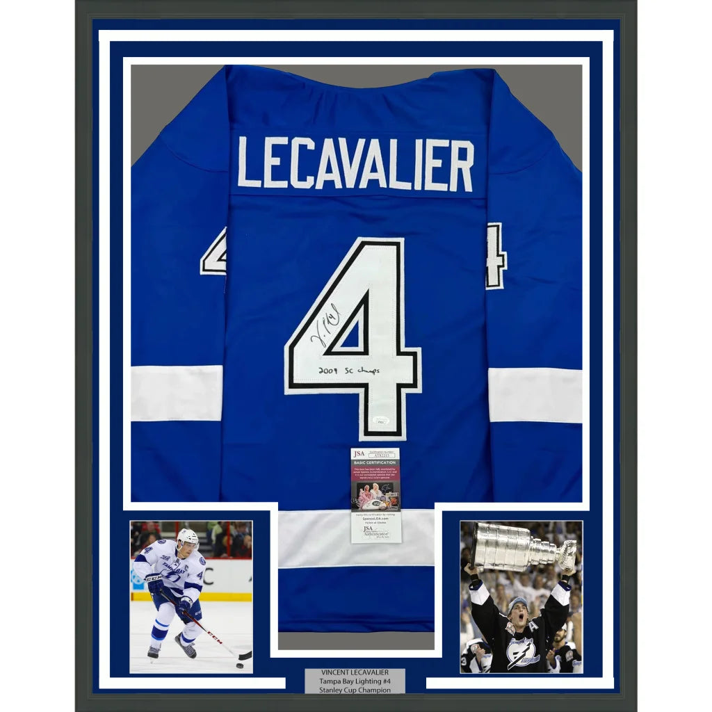 Framed signed Vincent Lecavalier Tampa Bay Lightning jersey with commemorative photos