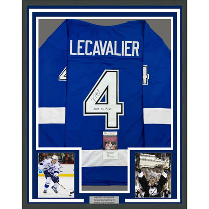Framed signed Vincent Lecavalier Tampa Bay Lightning jersey with commemorative photos
